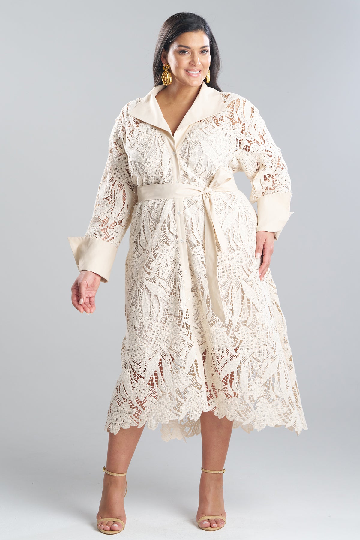 Crochet Lace Cotton Oversized Button Down Shirtdress Parchment