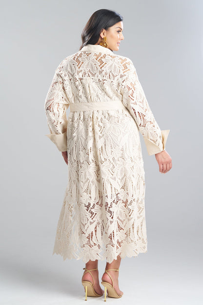 Crochet Lace Cotton Oversized Button Down Shirtdress Parchment