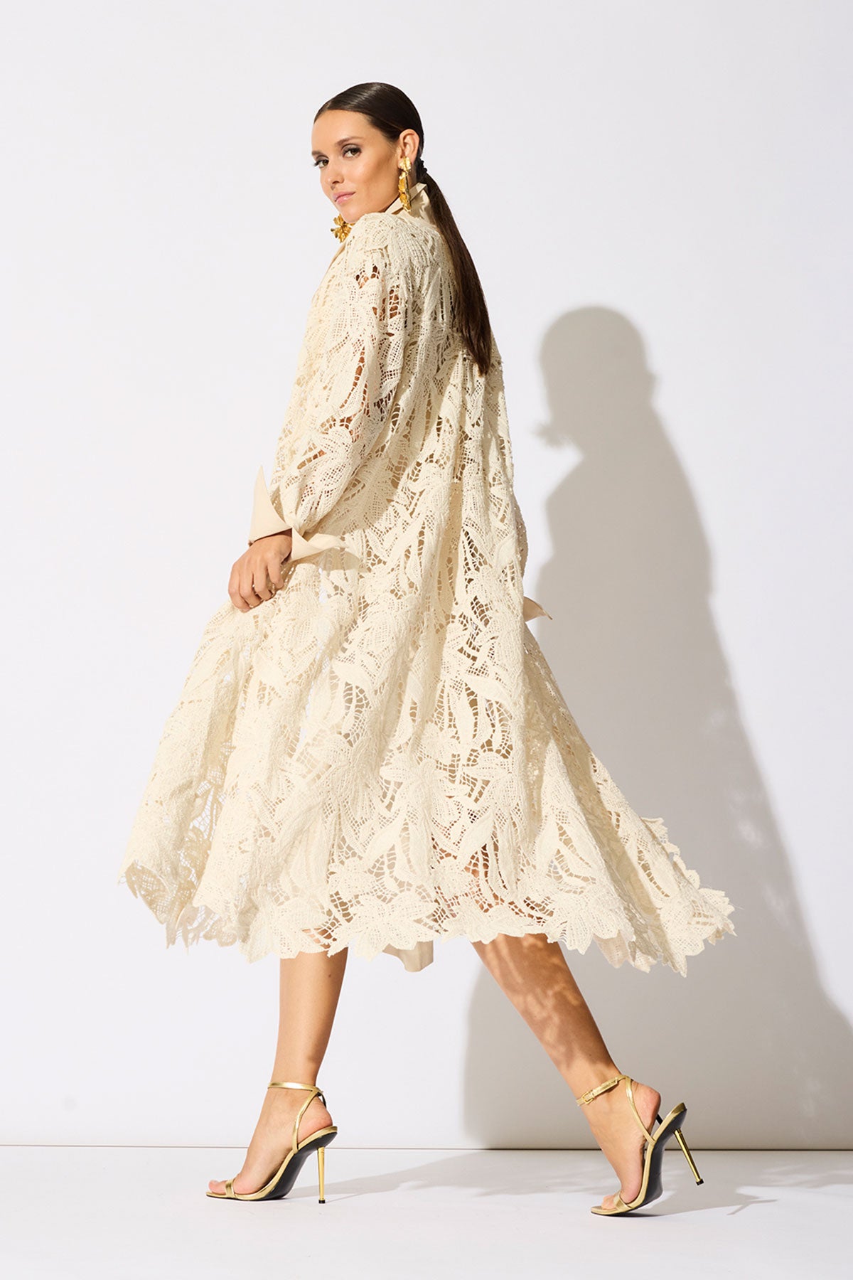 Crochet Lace Cotton Oversized Button Down Shirtdress Parchment