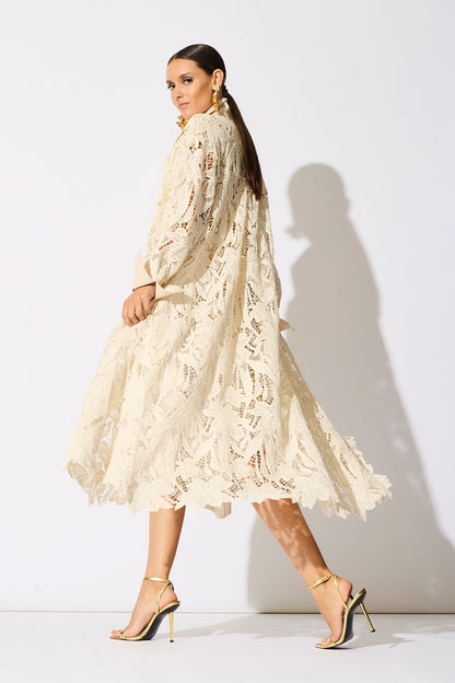 Crochet Lace Cotton Oversized Button Down Shirtdress Parchment