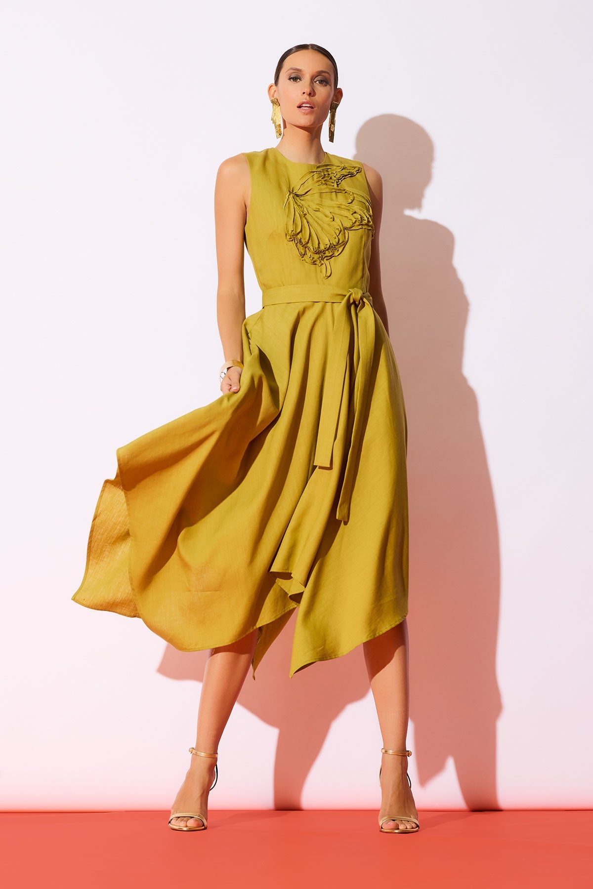 Solid Linen Handkerchief Embellished Dress Army Green