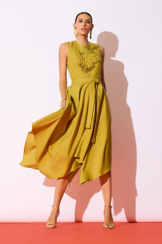 Solid Linen Handkerchief Embellished Dress Army Green