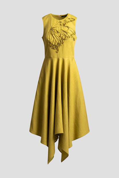 Solid Linen Handkerchief Embellished Dress Army Green