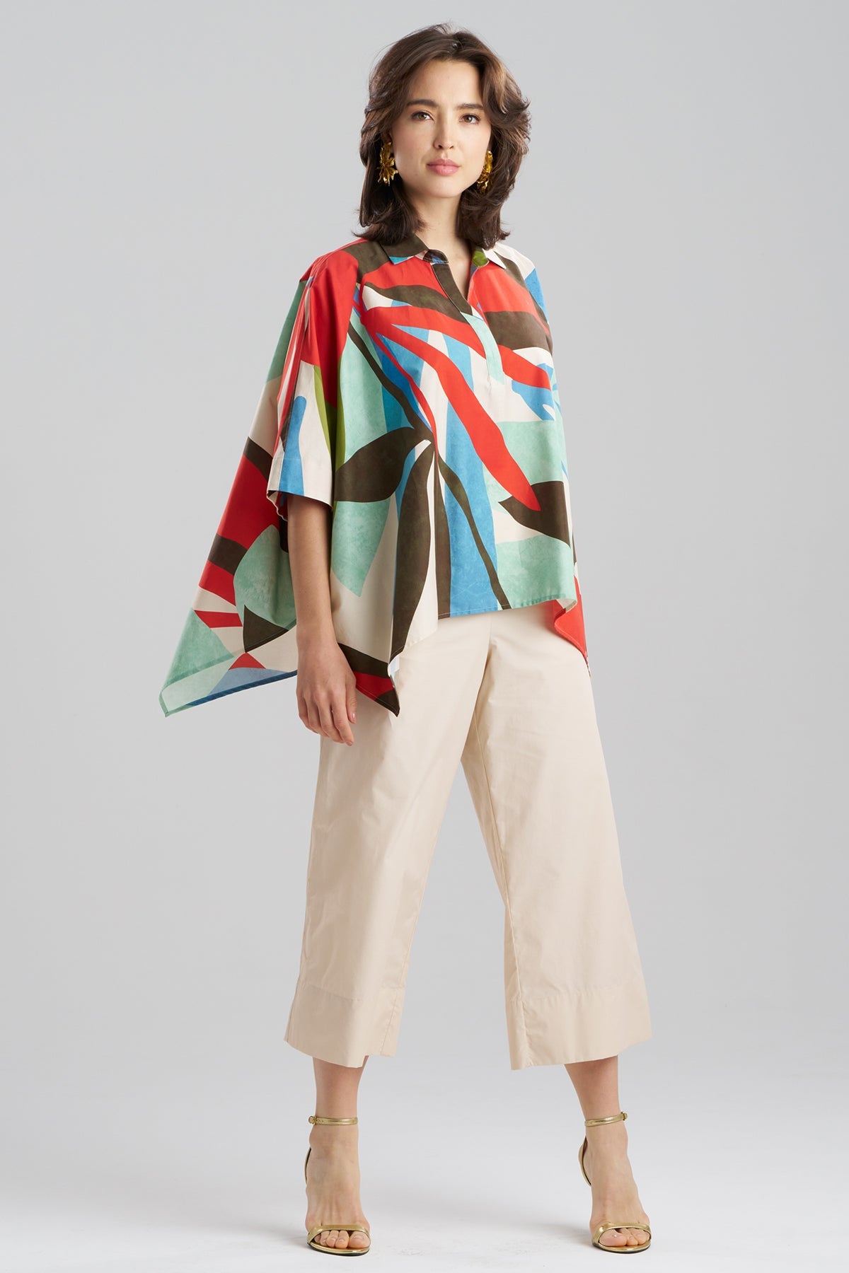 Abstract Palm Cotton Poplin Oversized Caftan Top Multi