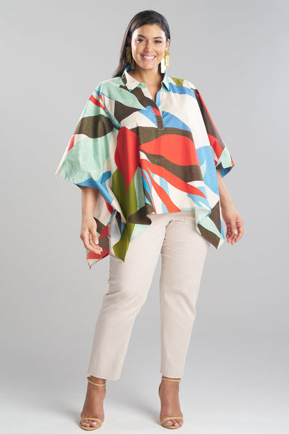 Abstract Palm Cotton Poplin Oversized Caftan Top Multi