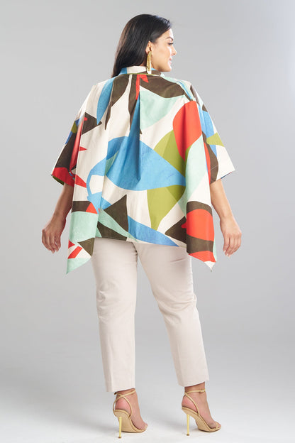 Abstract Palm Cotton Poplin Oversized Caftan Top Multi