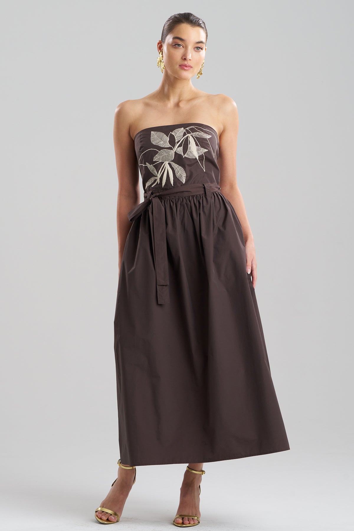 Techno Poplin Embroidered Strapless Belted Dress Coffee Bean