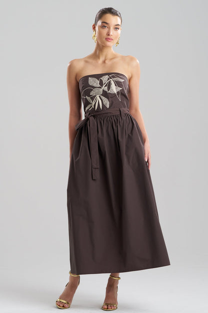 Techno Poplin Embroidered Strapless Belted Dress Coffee Bean