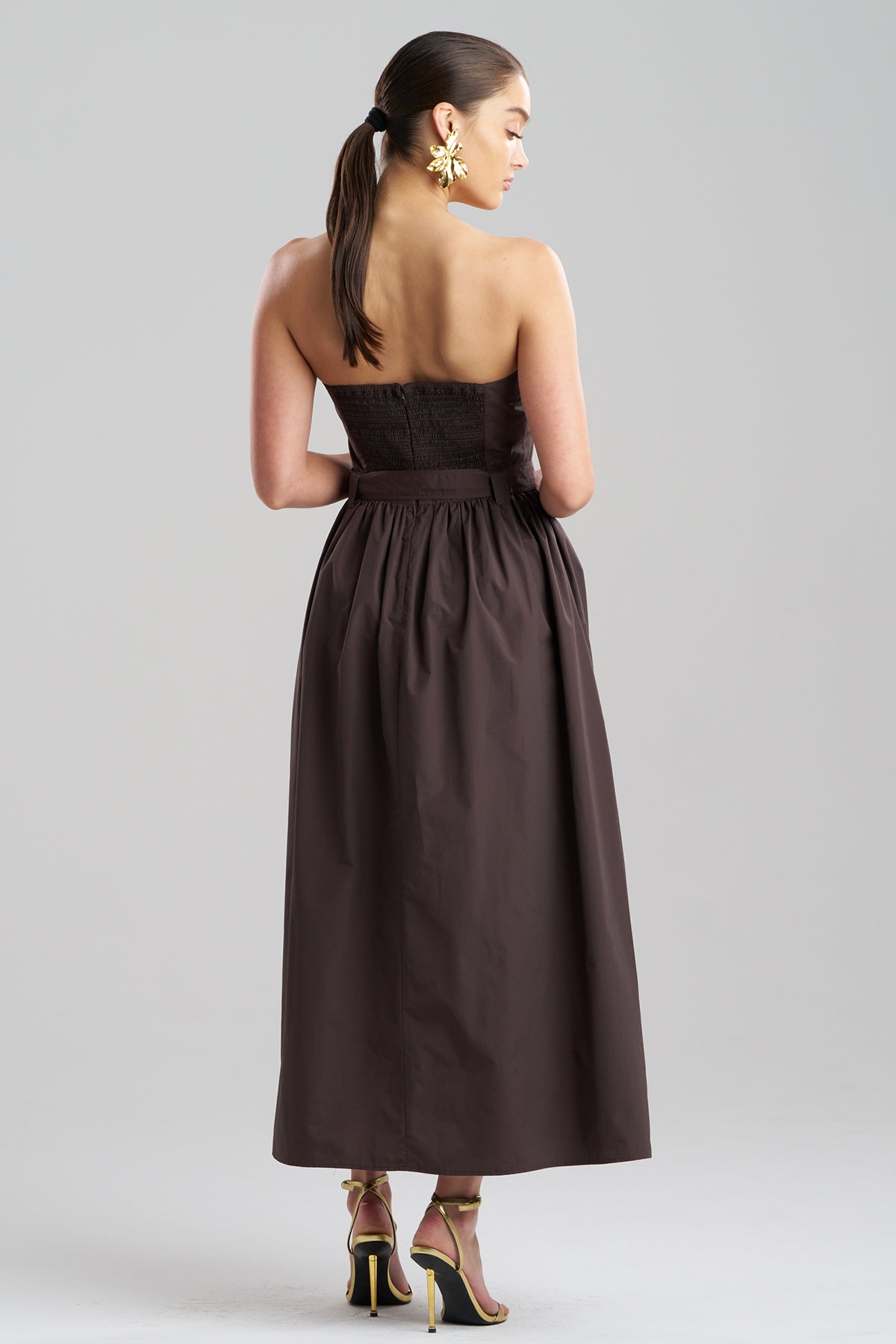 Techno Poplin Embroidered Strapless Belted Dress Coffee Bean