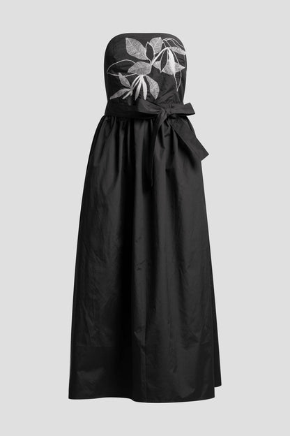 Techno Poplin Embroidered Strapless Belted Dress Coffee Bean