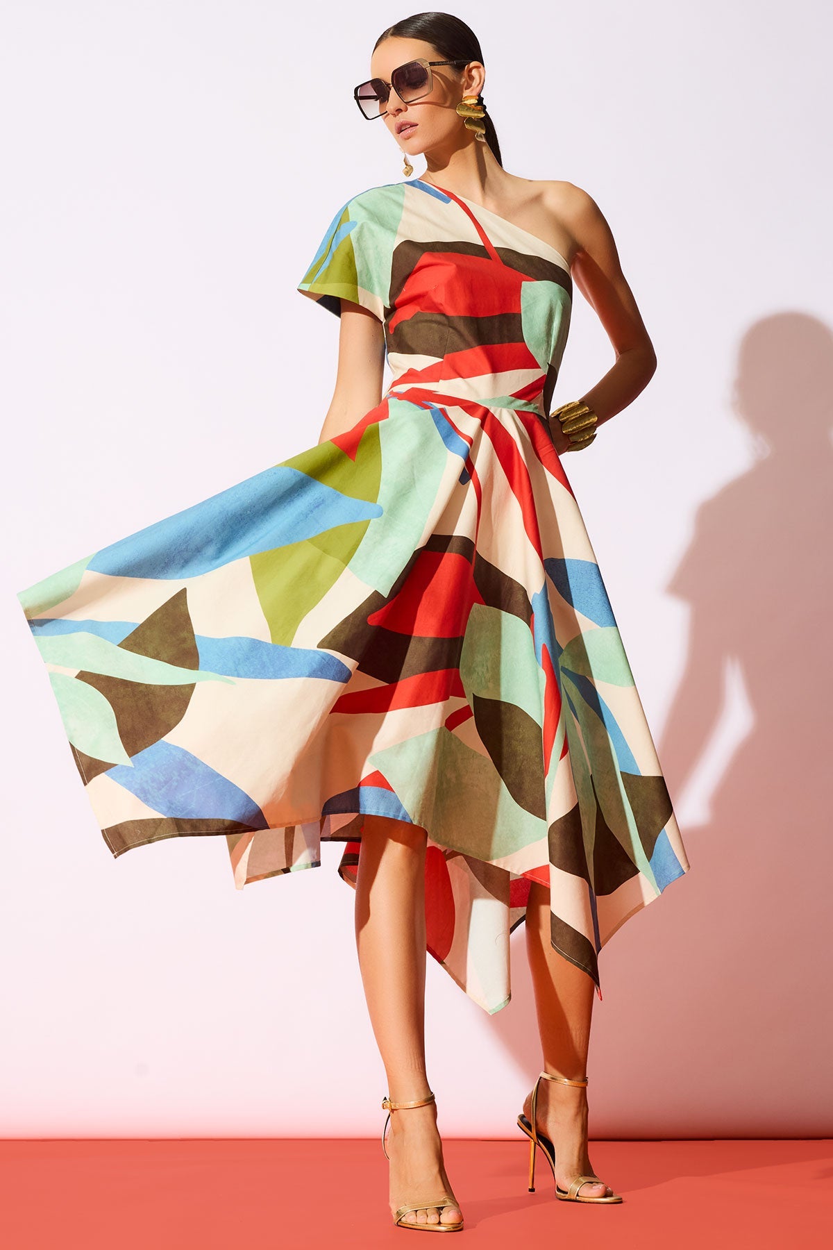 Abstract Palm Cotton Poplin One Shoulder Dress Multi