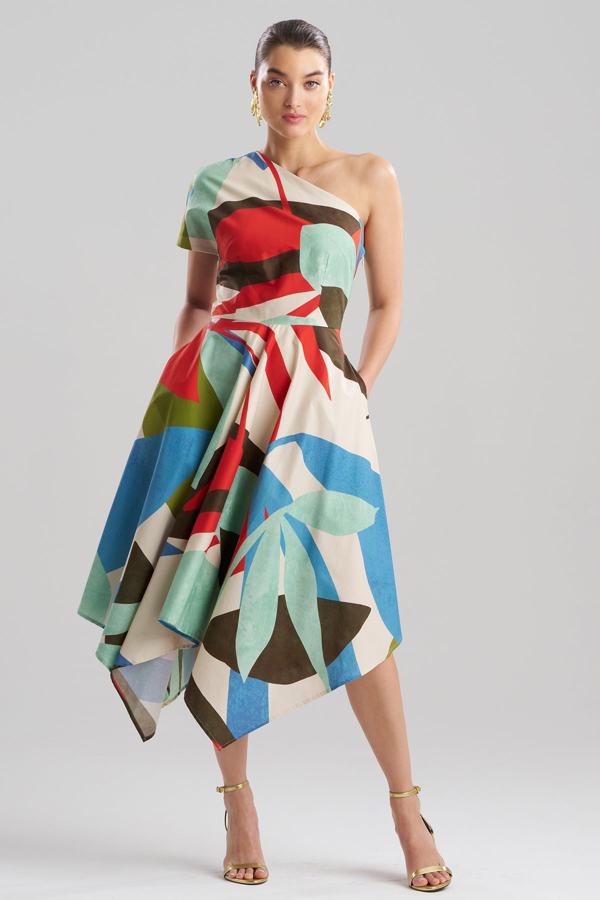 Abstract Palm Cotton Poplin One Shoulder Dress Multi