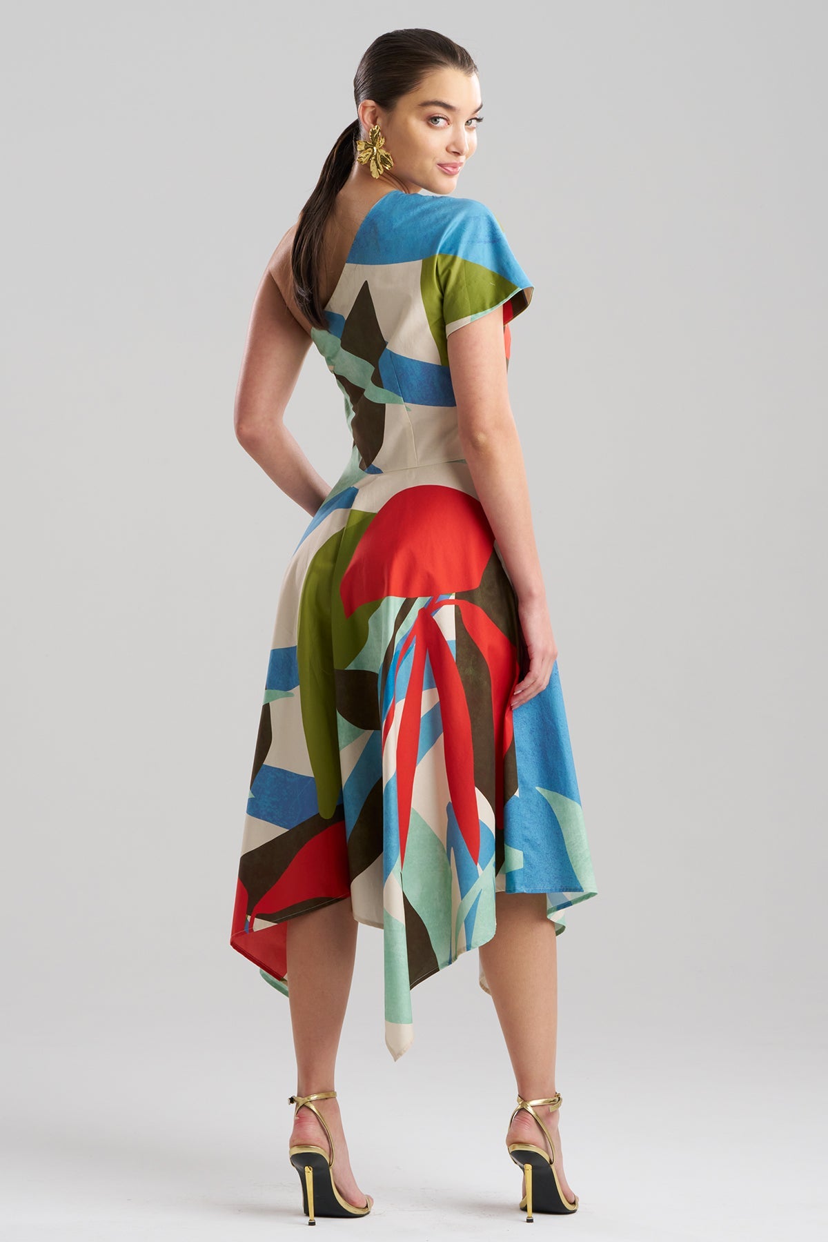Abstract Palm Cotton Poplin One Shoulder Dress Multi