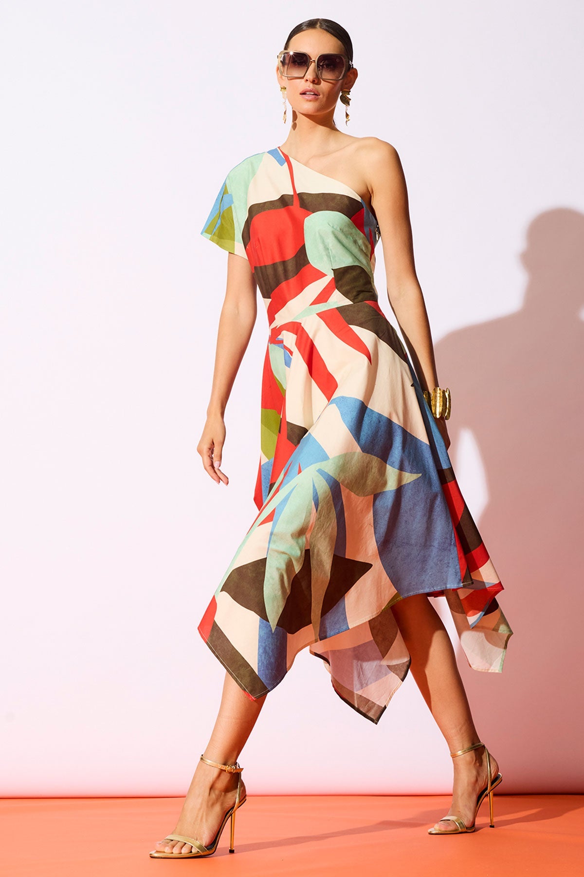 Abstract Palm Cotton Poplin One Shoulder Dress Multi