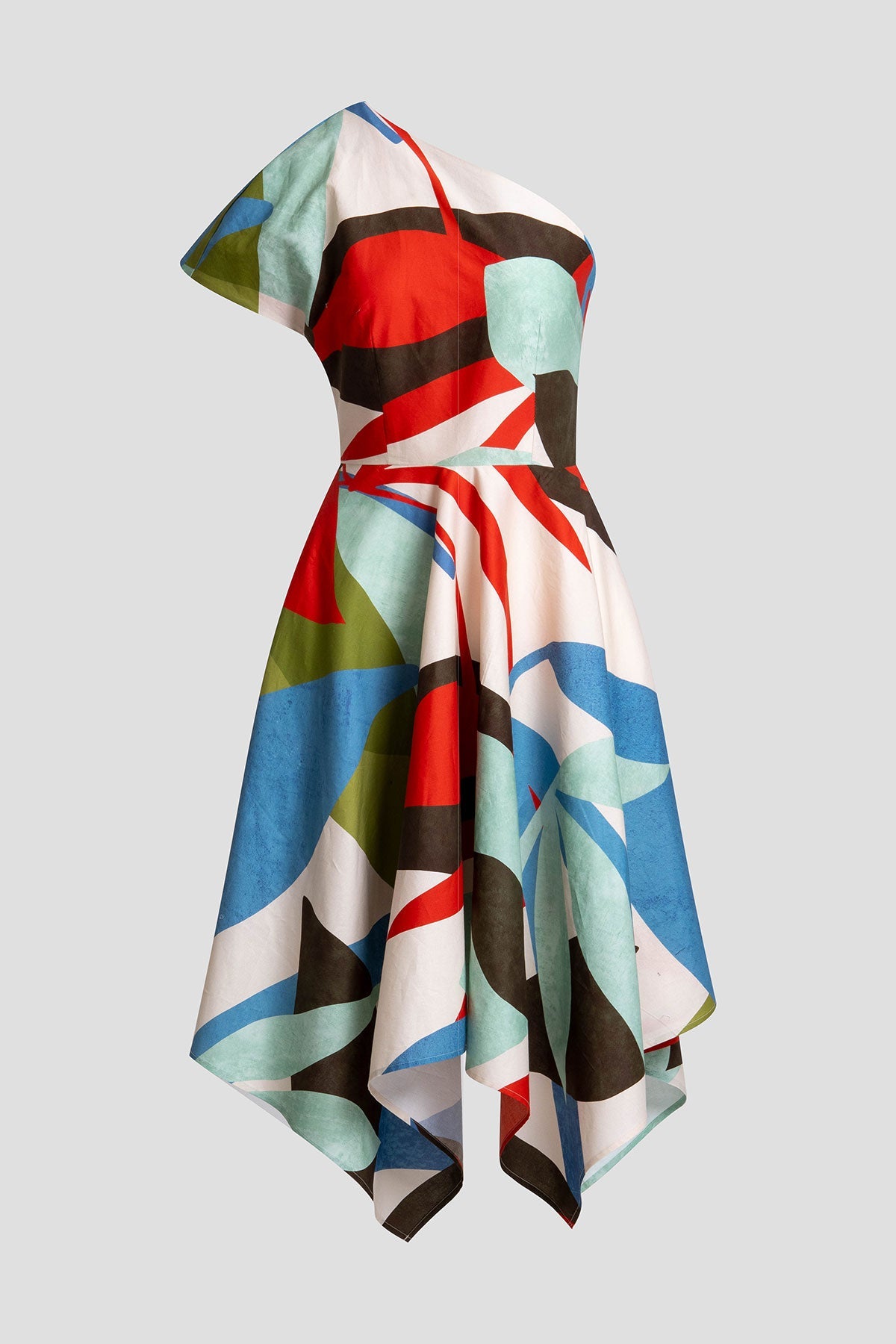 Abstract Palm Cotton Poplin One Shoulder Dress Multi