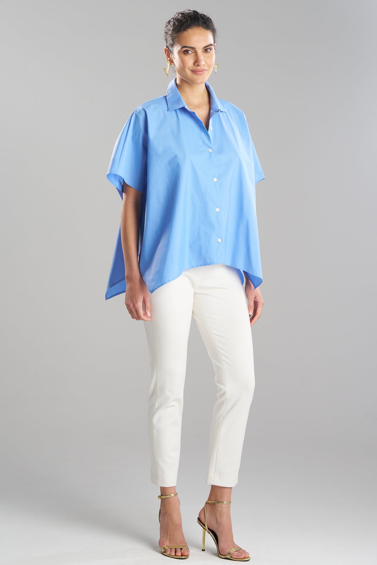Techno Poplin Button Down Caftan Shirt Blue Iris