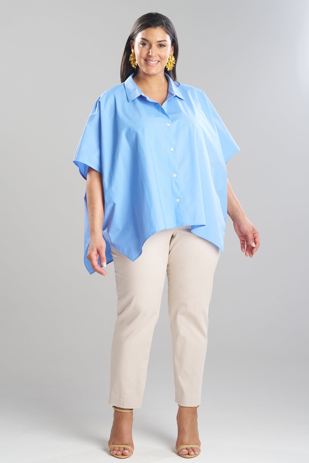 Techno Poplin Button Down Caftan Shirt Blue Iris