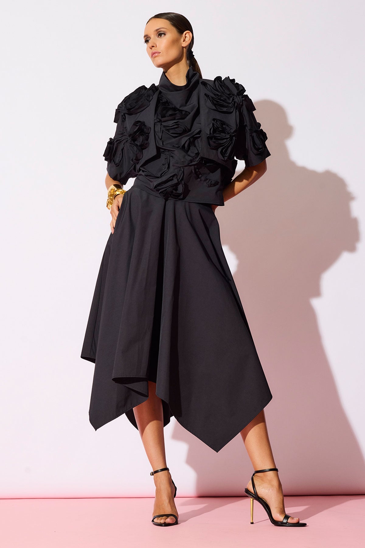 Tech Cotton Taffeta Handkerchief Hem Skirt Black