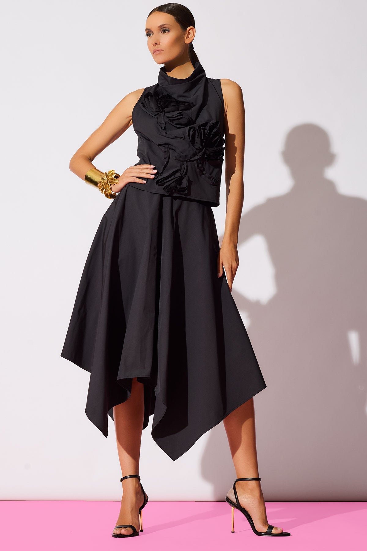 Tech Cotton Taffeta Handkerchief Hem Skirt Black