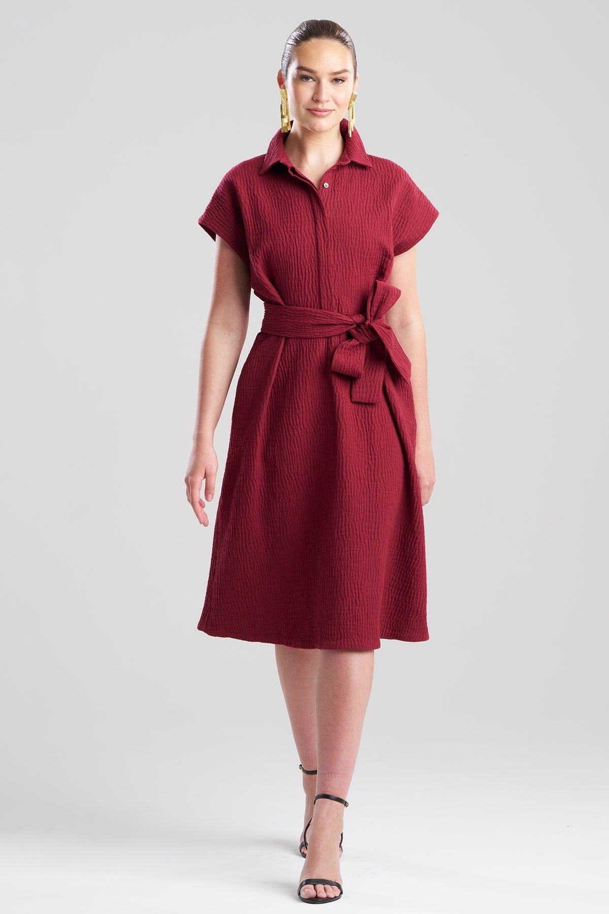 Textured Cotton Jacquard Shirtdress Ruby