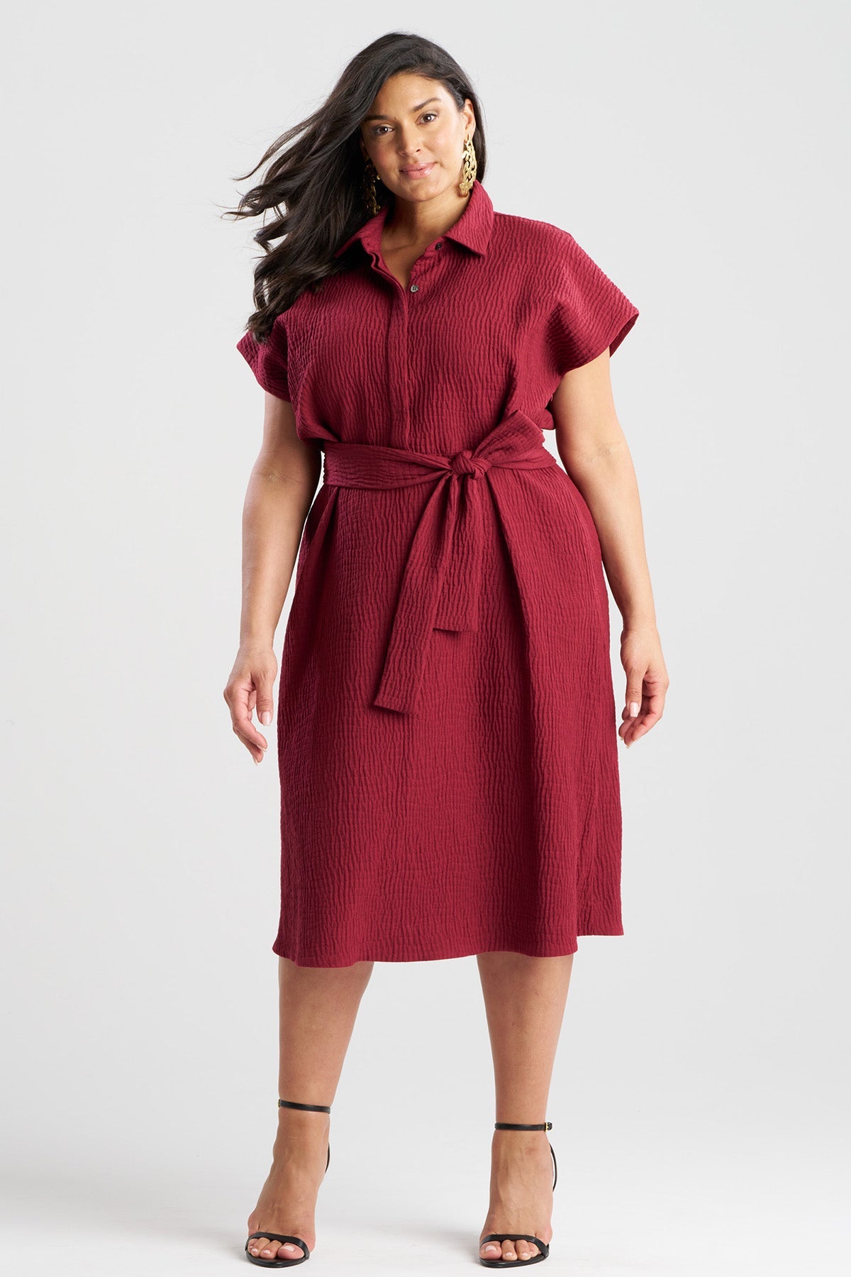 Textured Cotton Jacquard Shirtdress Ruby