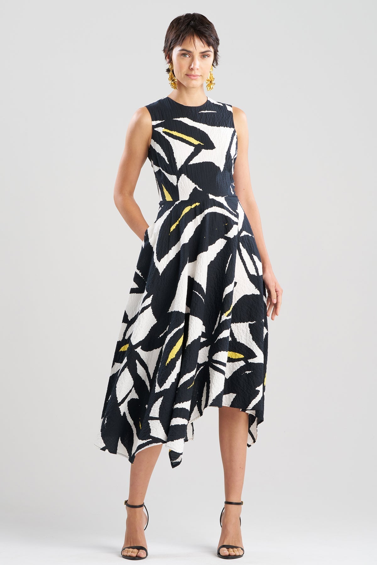 Leaf Matelassé Cotton Origami Maxi Dress Ivory/Black