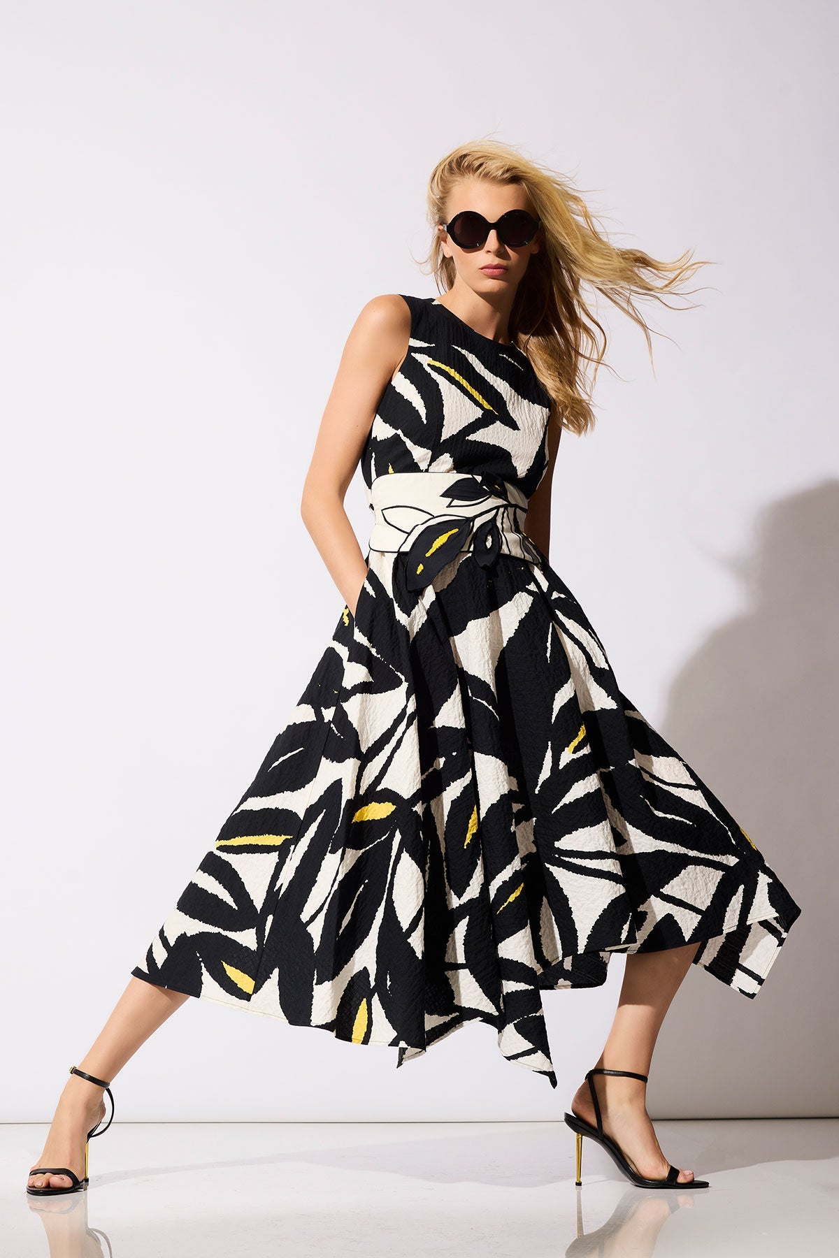 Leaf Matelassé Cotton Origami Maxi Dress Ivory/Black