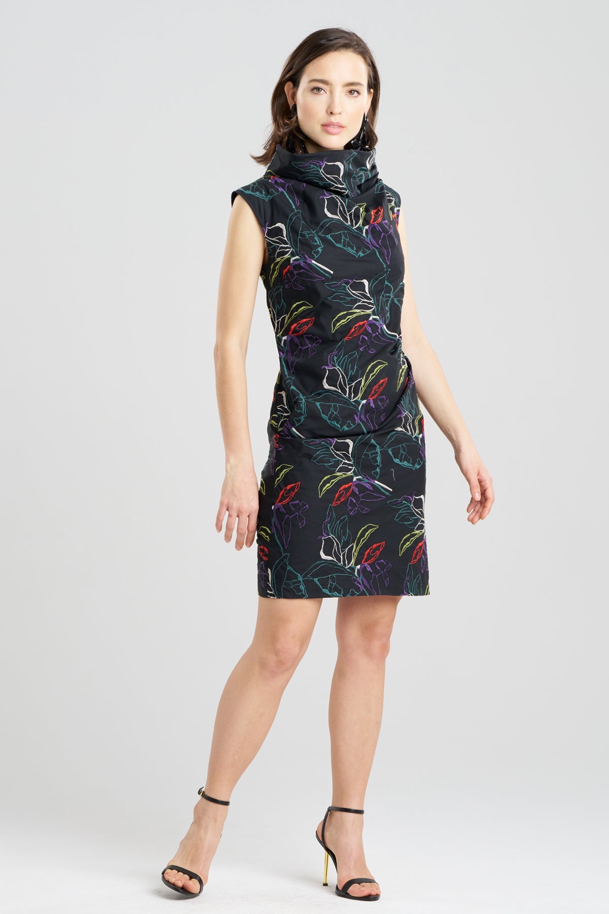 Yoru Embroidered Cotton Poplin Asymmetric Funnel Neck Dress Black Deep Orchid