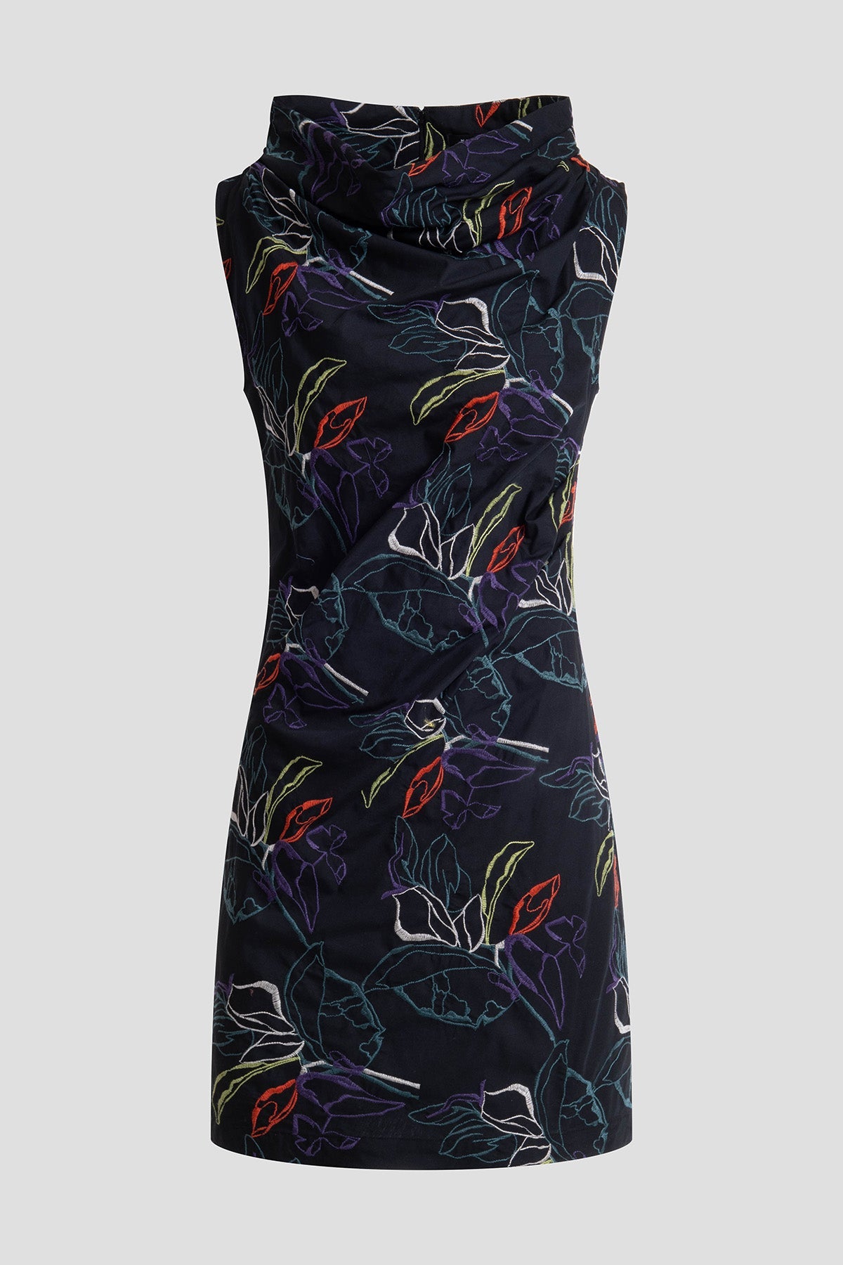 Yoru Embroidered Cotton Poplin Asymmetric Funnel Neck Dress Black Deep Orchid