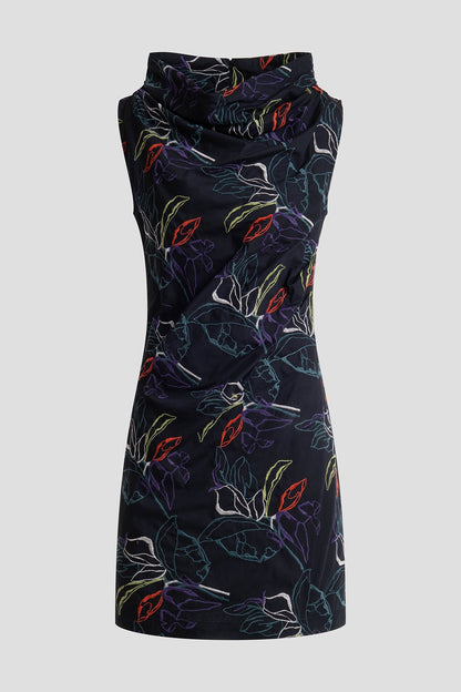 Yoru Embroidered Cotton Poplin Asymmetric Funnel Neck Dress Black Deep Orchid