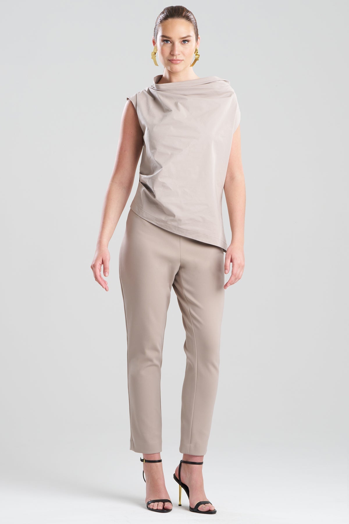 Tech Cotton Taffeta Asymmetric Funnel Neck Top Taupe