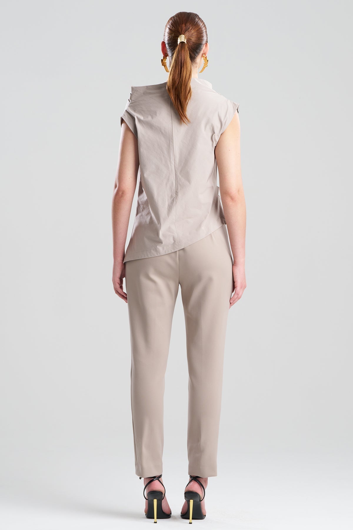 Tech Cotton Taffeta Asymmetric Funnel Neck Top Taupe