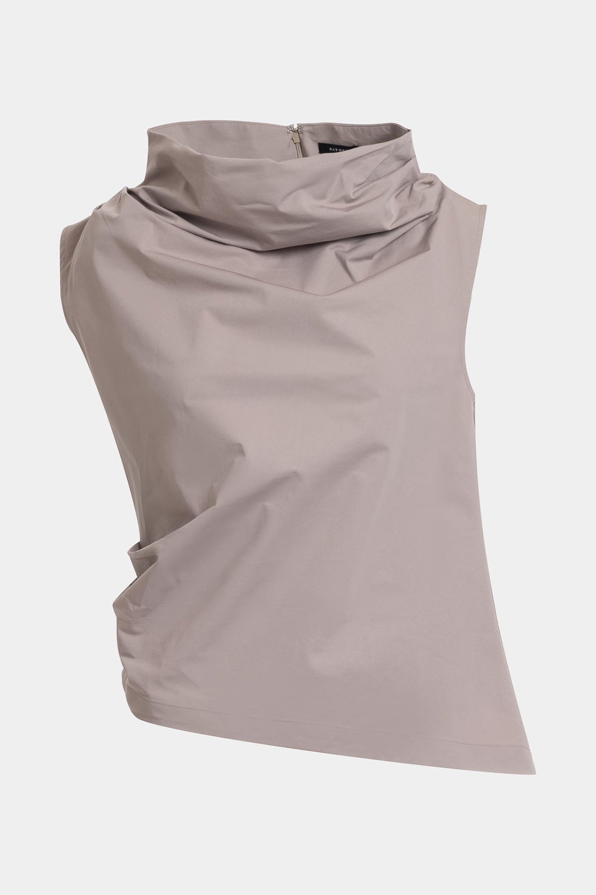 Tech Cotton Taffeta Asymmetric Funnel Neck Top Taupe