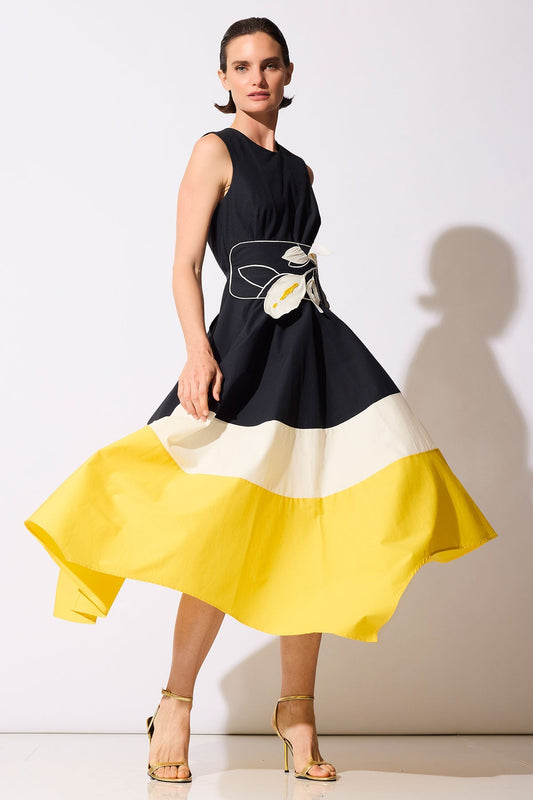Color Block Tech Cotton Taffeta Origami Maxi Dress Multi