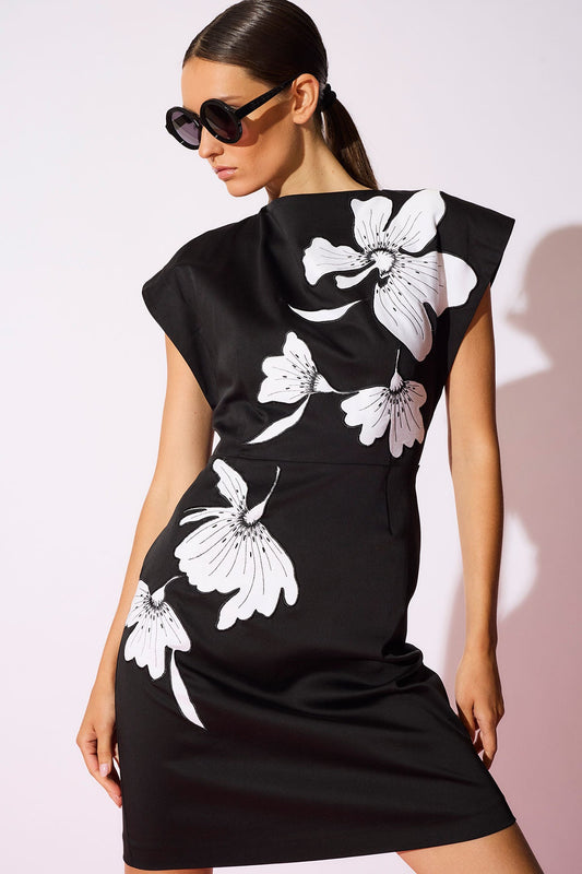 Cotton Chino Embroidered Mini Dress Black