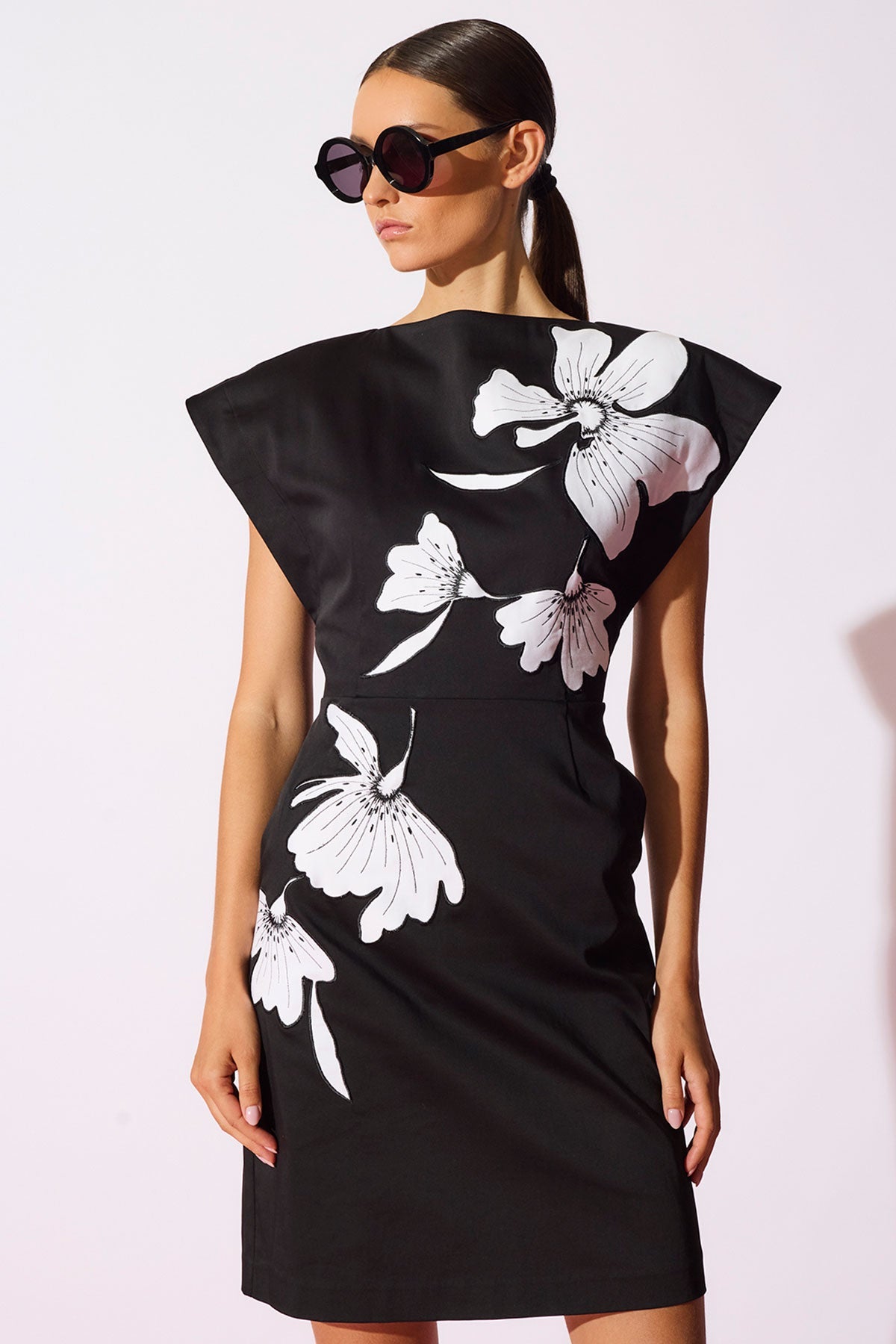 Cotton Chino Embroidered Mini Dress Black