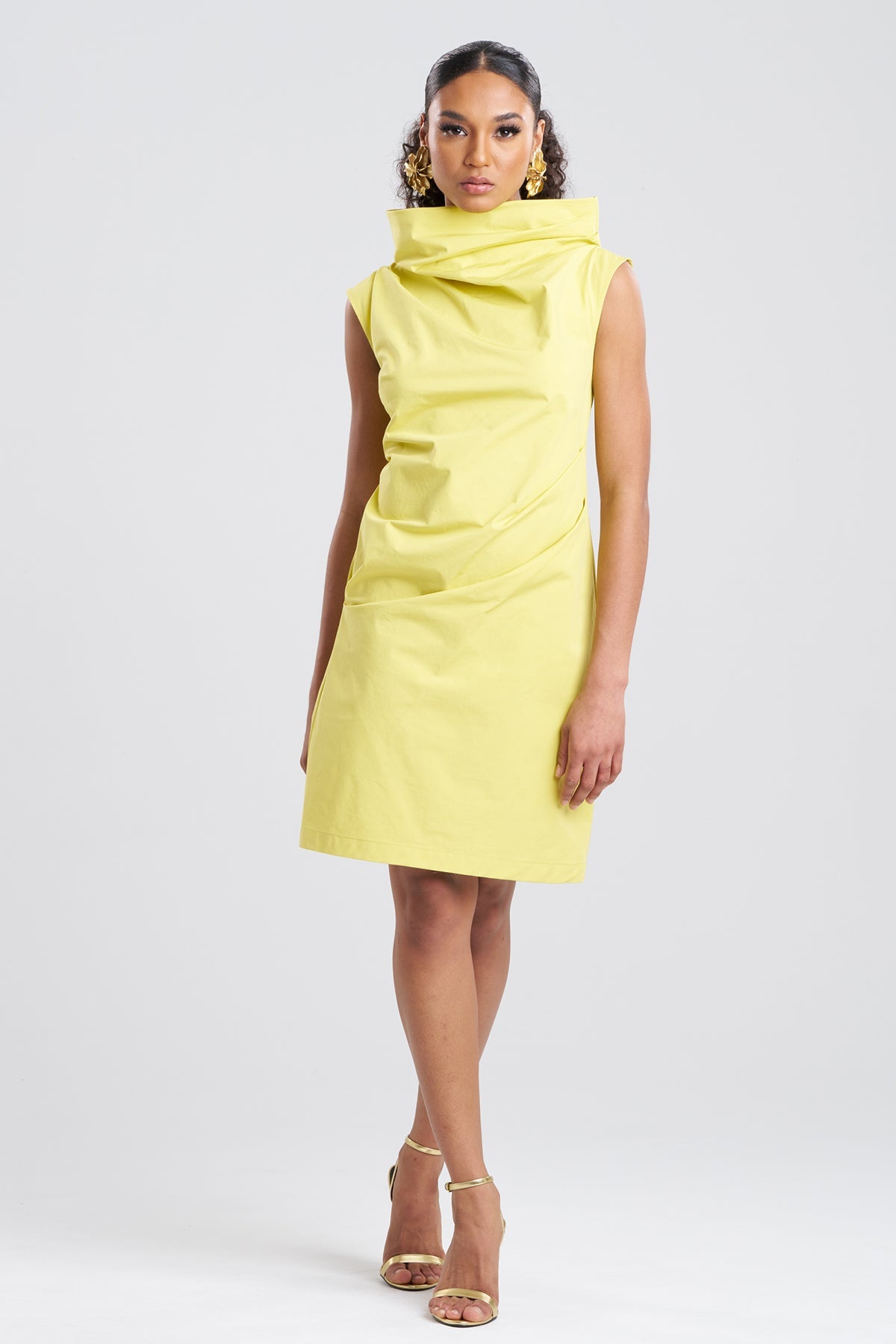 Tech Cotton Taffeta Asymmetric Funnel Neck Dress Lemon