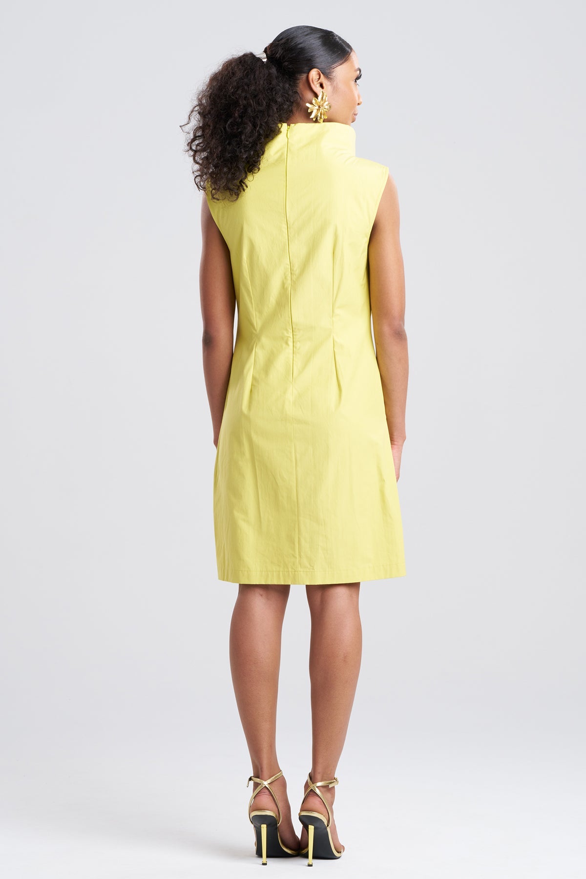 Tech Cotton Taffeta Asymmetric Funnel Neck Dress Lemon