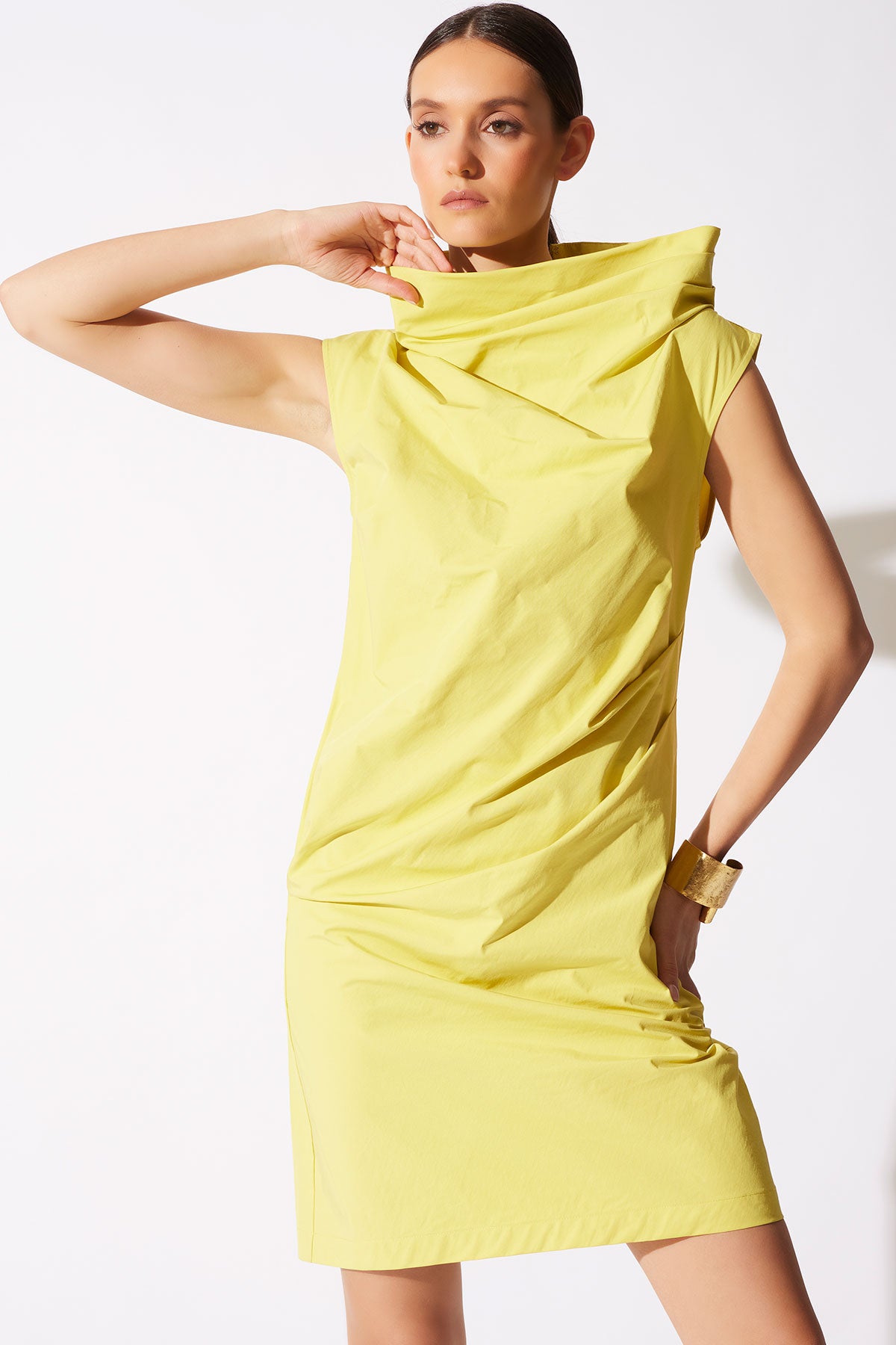Tech Cotton Taffeta Asymmetric Funnel Neck Dress Lemon