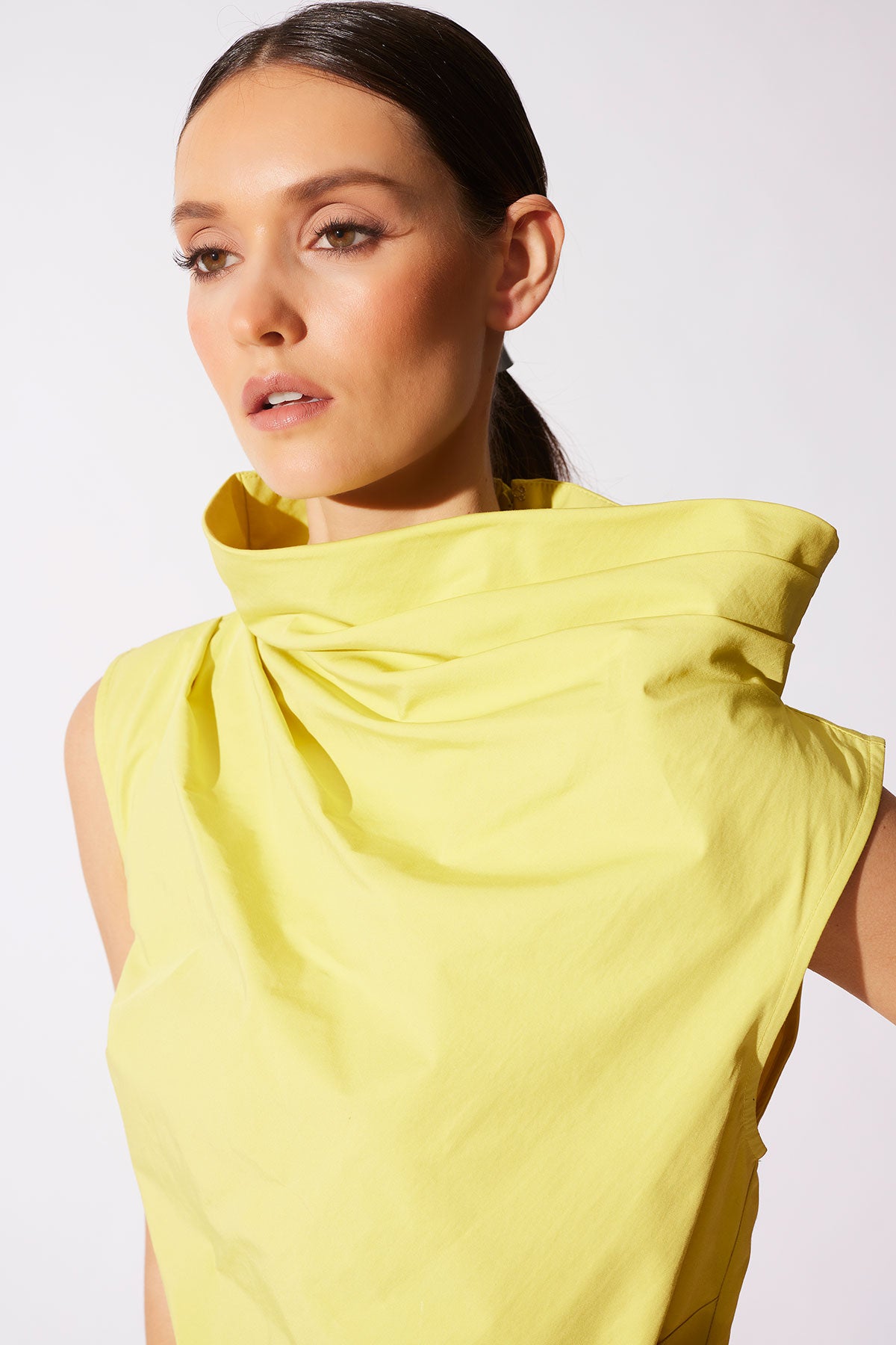 Tech Cotton Taffeta Asymmetric Funnel Neck Dress Lemon