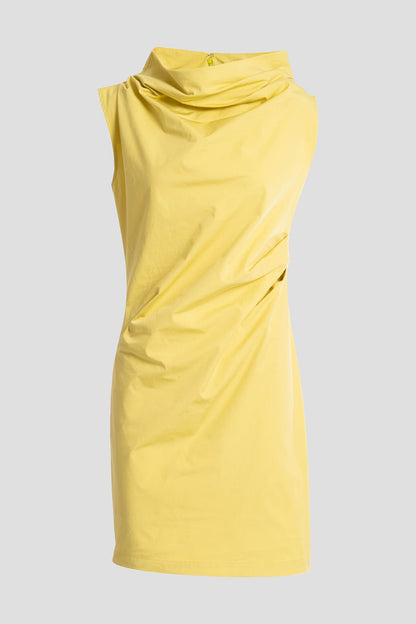 Tech Cotton Taffeta Asymmetric Funnel Neck Dress Lemon