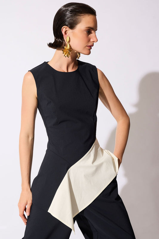 Color Block Tech Cotton Taffeta Asymmetric Top Black/White