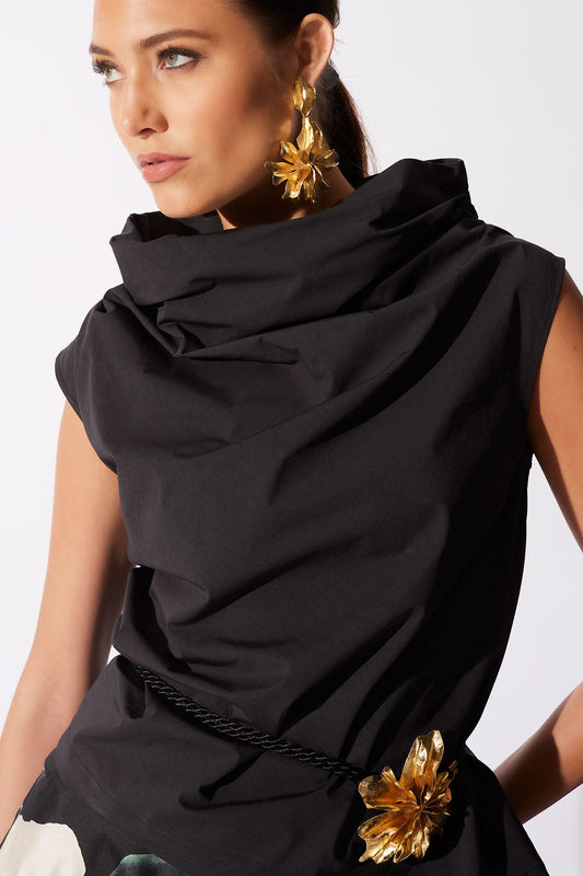 Tech Cotton Taffeta Asymmetric Funnel Neck Top Black