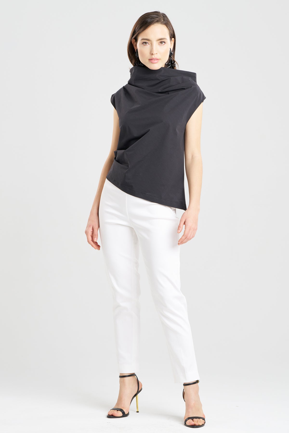 Tech Cotton Taffeta Asymmetric Funnel Neck Top Black