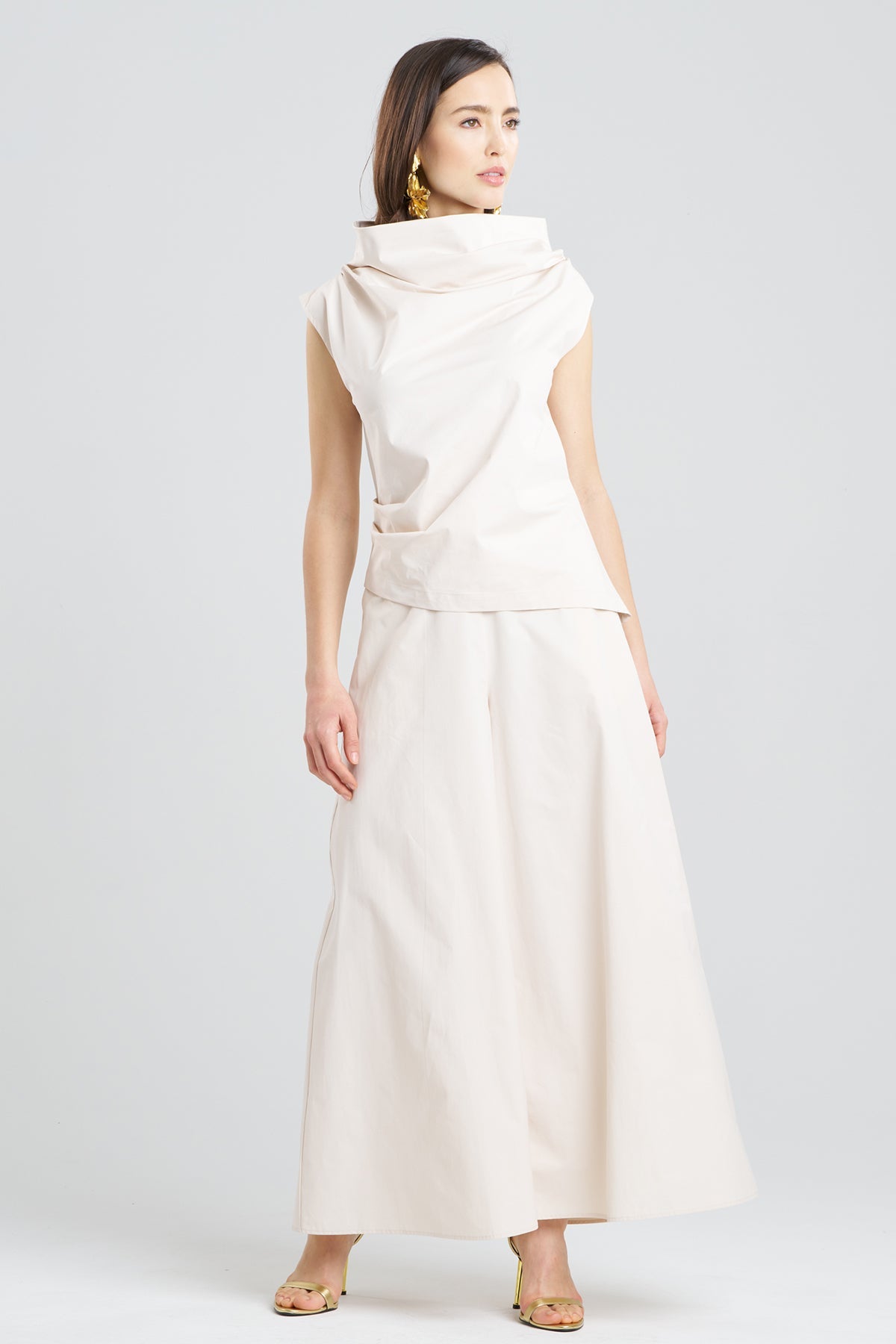 Tech Cotton Taffeta Asymmetric Funnel Neck Top Ivory