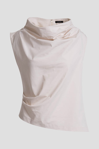 Tech Cotton Taffeta Asymmetric Funnel Neck Top Ivory