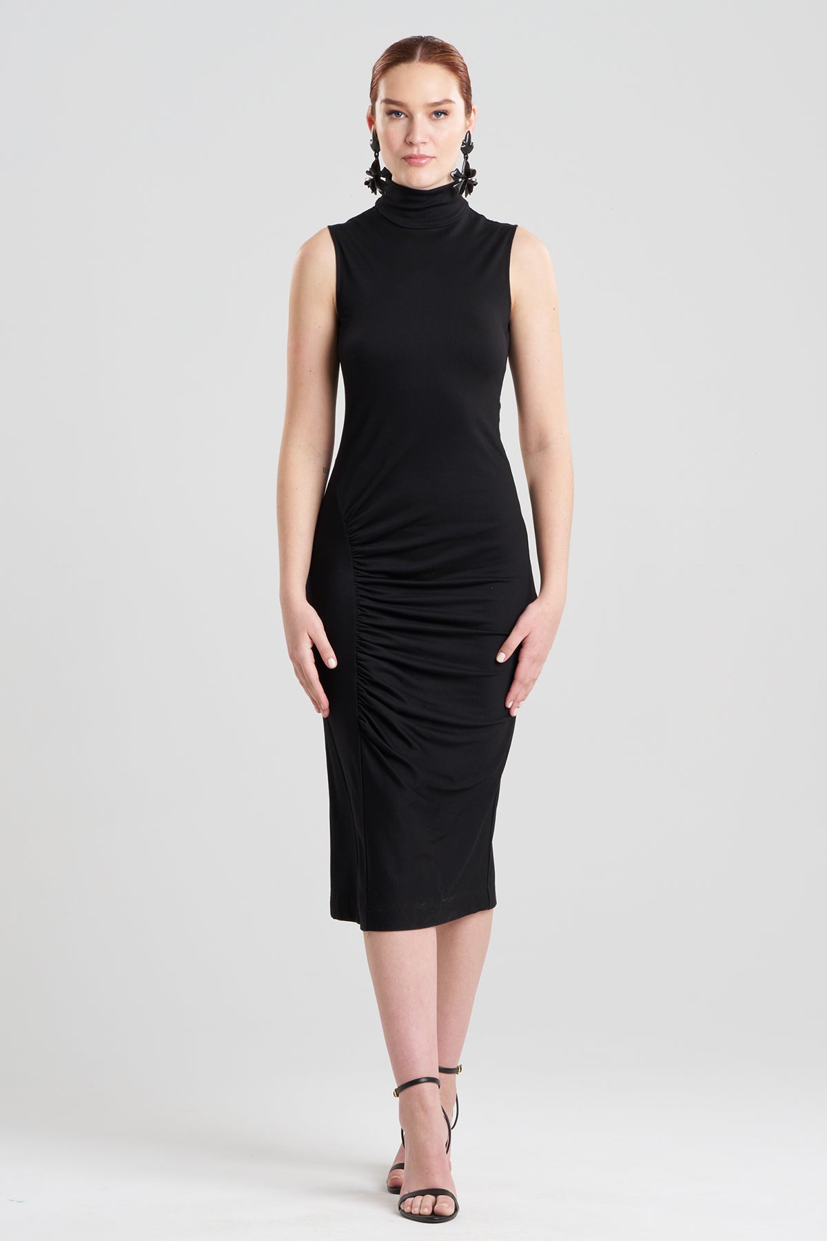 Crepe Knit Mock Neck Ruched Dress Black