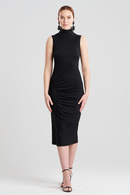 Crepe Knit Mock Neck Ruched Dress Black