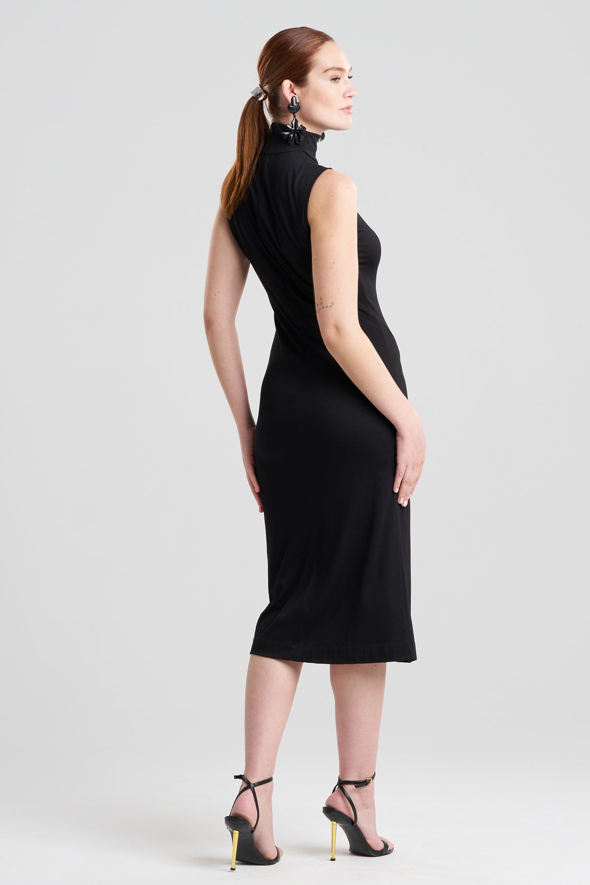 Crepe Knit Mock Neck Ruched Dress Black