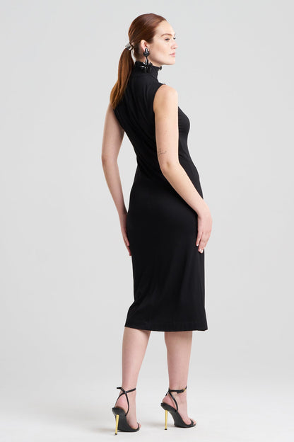 Crepe Knit Mock Neck Ruched Dress Black